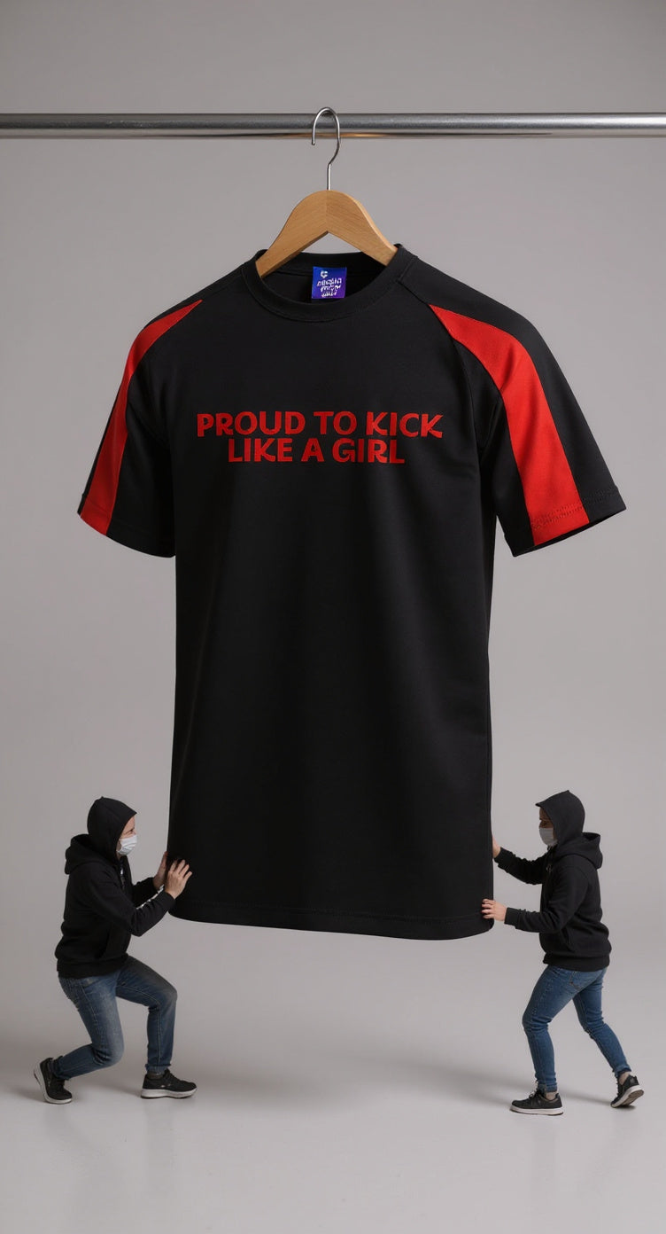 Black t-shirt with red text on a hanger, pushed by two people against a neutral background