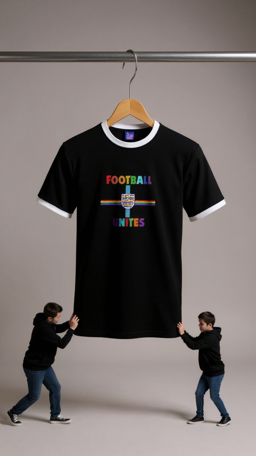 Pride Black t-shirt with colourful text on a hanger, held by two people against a plain background