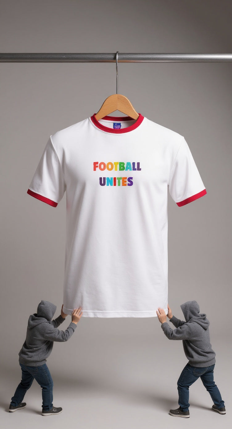 White t-shirt with 'FOOTBALL UNITES' text on a hanger, held by two children against a plain background