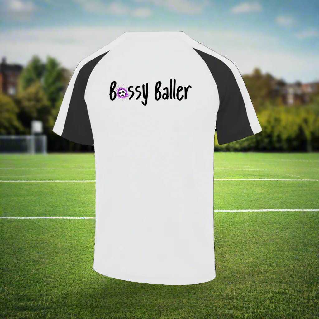 White and black training shirt with 'Bossy Baller' text on a white background