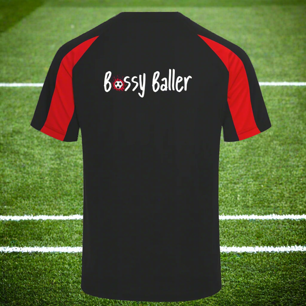 Black t-shirt with red sleeves featuring 'Bossy Baller' text on a white background
