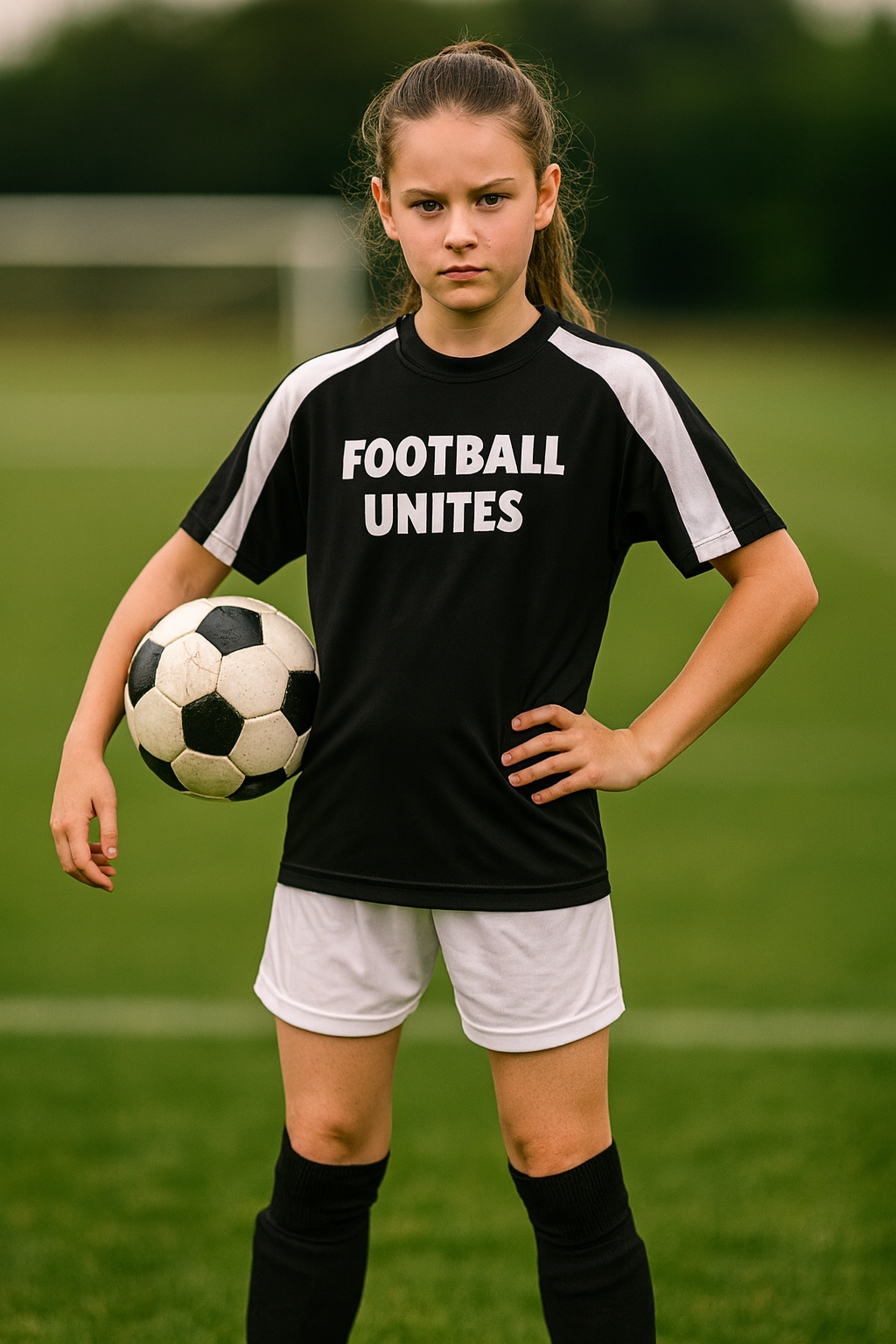 Girl holding a soccer ball with 'Football Unites' shirt on a sports field