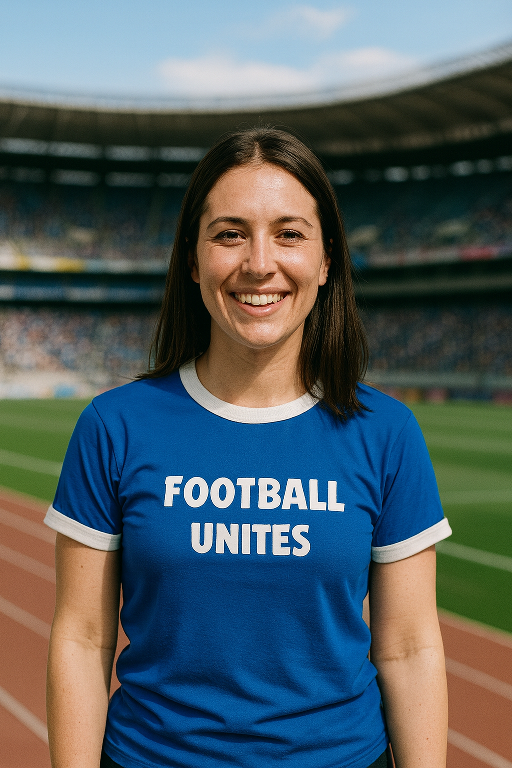 Woman wearing a blue 'Football Unites' t-shirt at a stadium