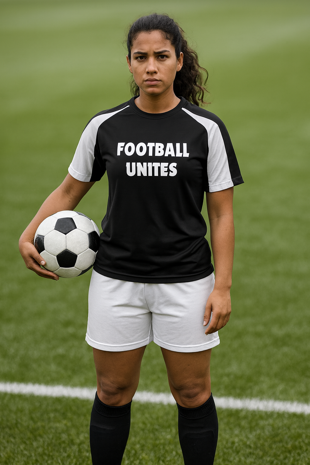 Person wearing a black and white 'Football Unites' shirt holding a soccer ball on a grass field.