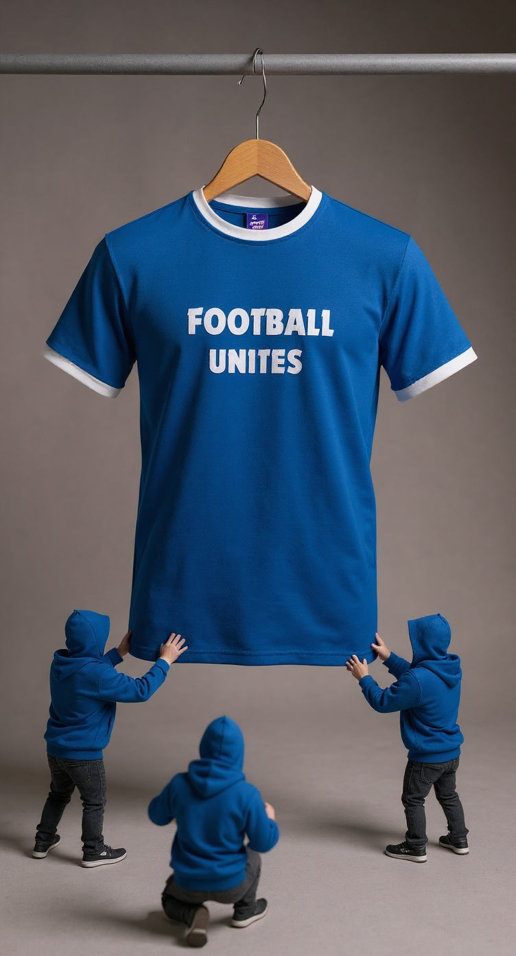 Blue t-shirt with 'FOOTBALL UNITES' text on a hanger, surrounded by people in blue hoodies.