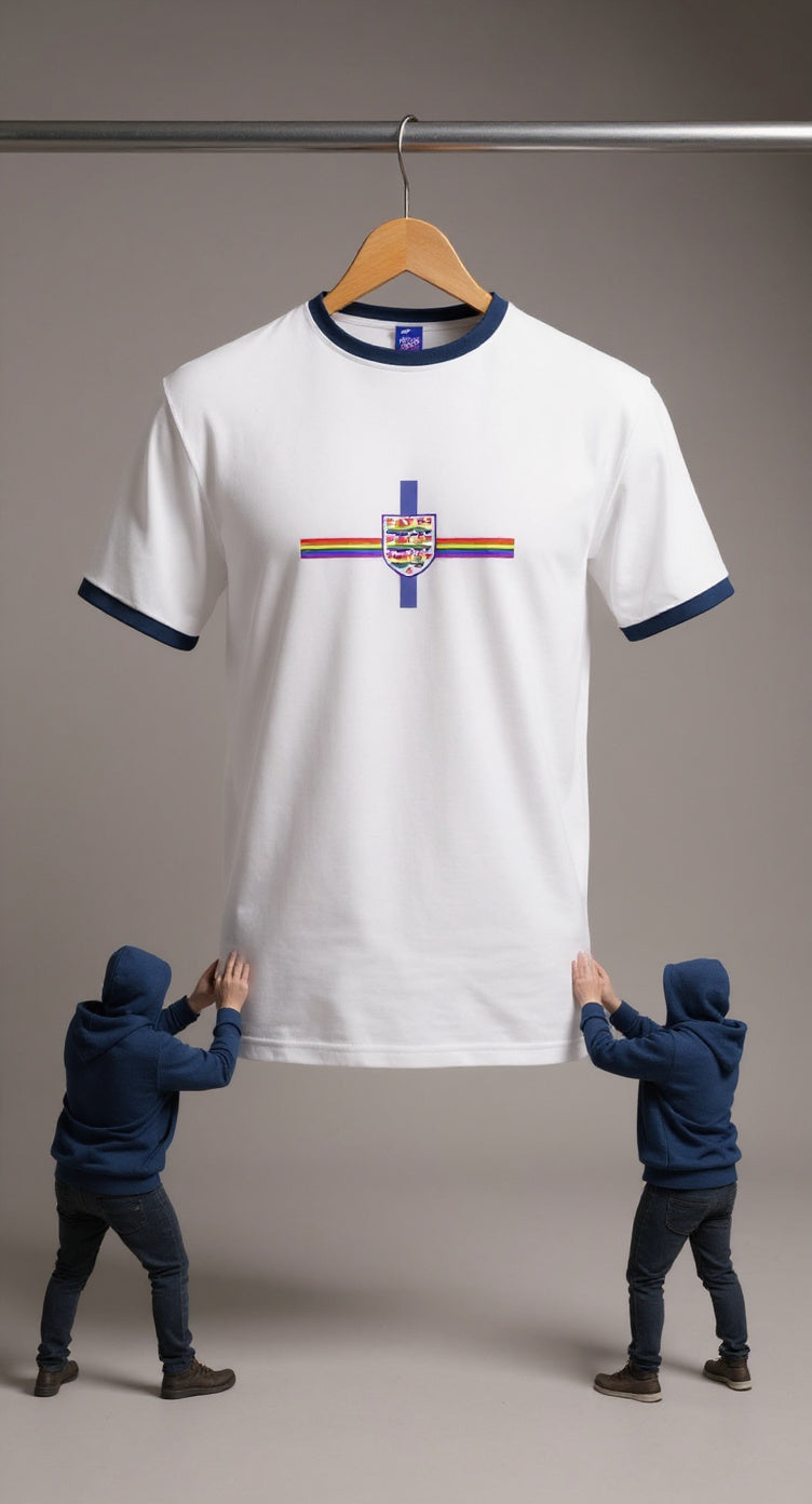 pride white shirt with a blue and red design on a grey background