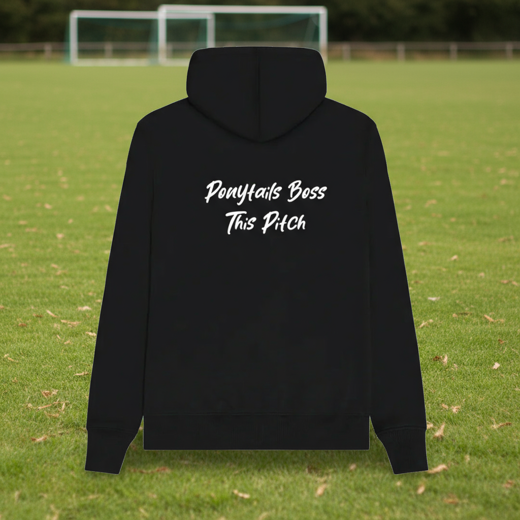 Black hoodie with white text on the back against a white background