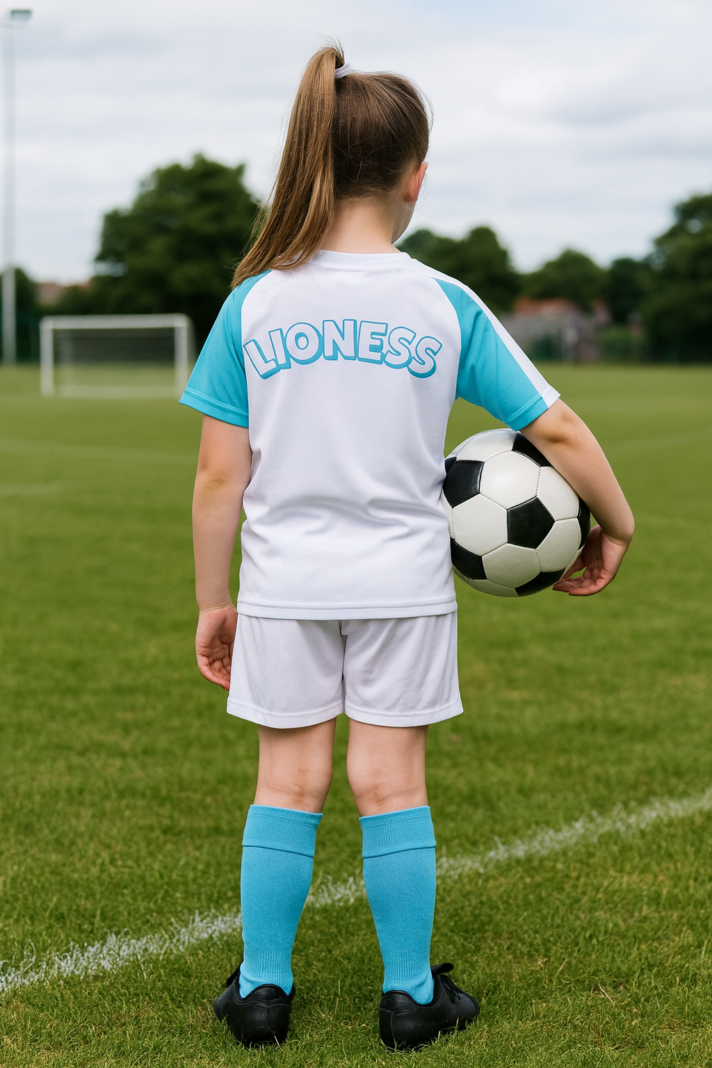 Child in soccer uniform holding a soccer ball on a grass field