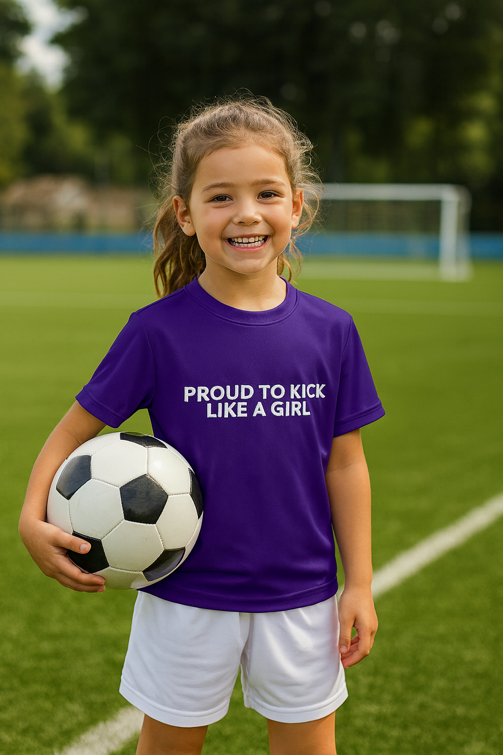 Young girl holding a soccer ball on a sports field wearing a purple shirt with text.