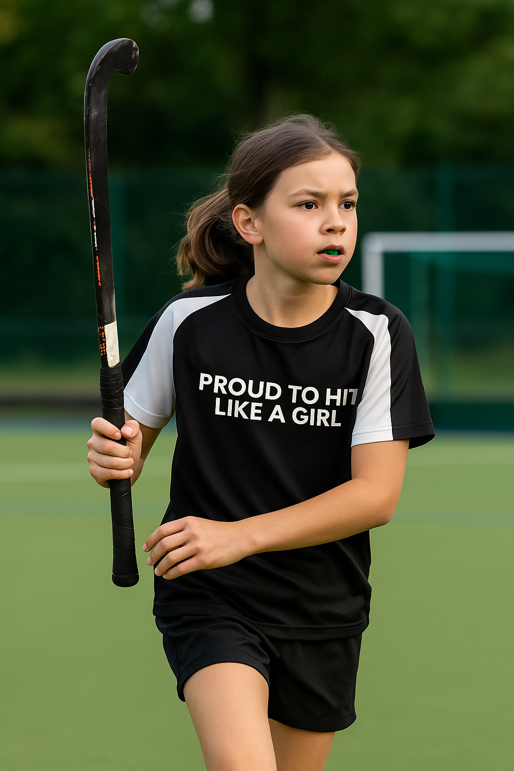 Young girl holding a hockey stick on a sports field wearing a shirt with 'PROUD TO HIT LIKE A GIRL' text.