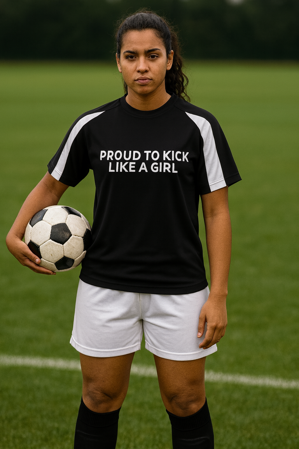 Person wearing a black t-shirt with 'PROUD TO KICK LIKE A GIRL' text, holding a soccer ball on a grass field.