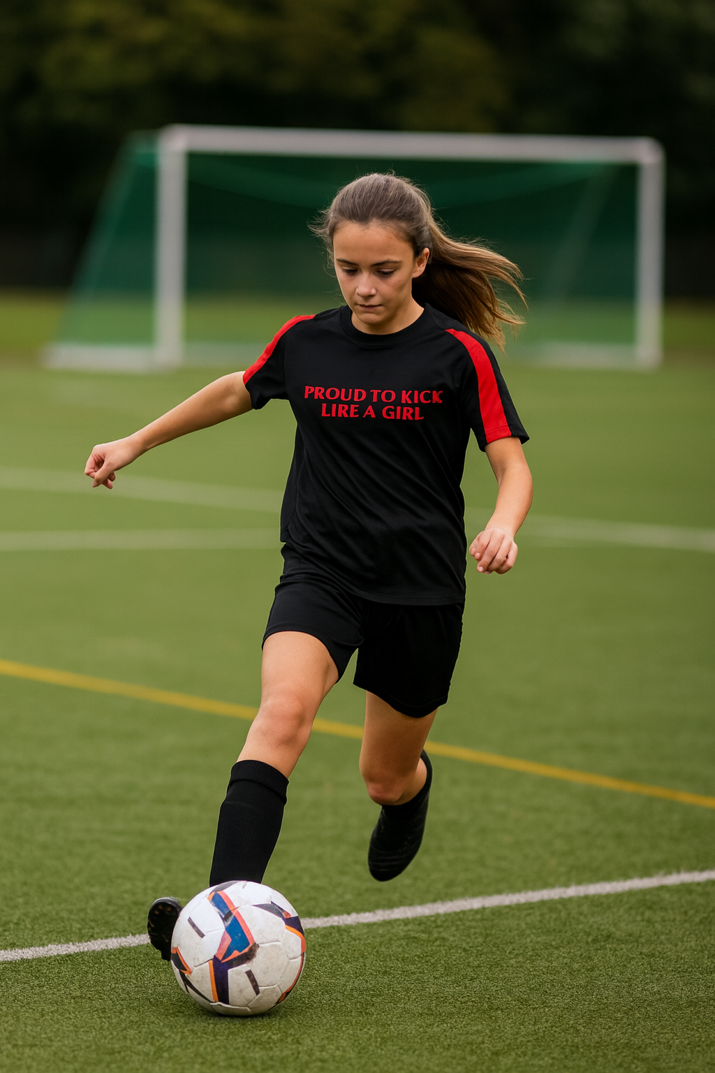 Girl playing soccer on a field with a slogan on front empowering girls