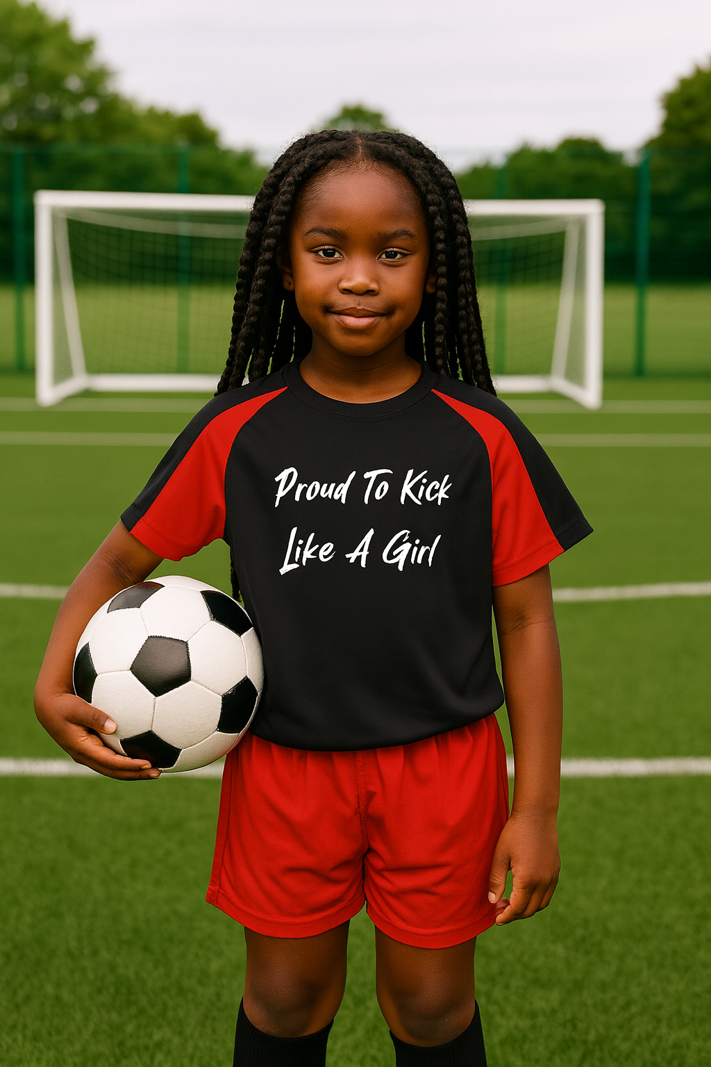 Child wearing a sports outfit with 'Proud To Kick Like A Girl' text, holding a soccer ball on a sports field.