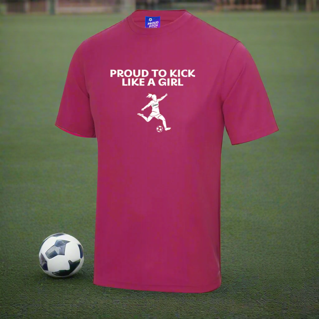 Pink t-shirt with 'Proud to Kick Like a Girl' text and graphic on a white background