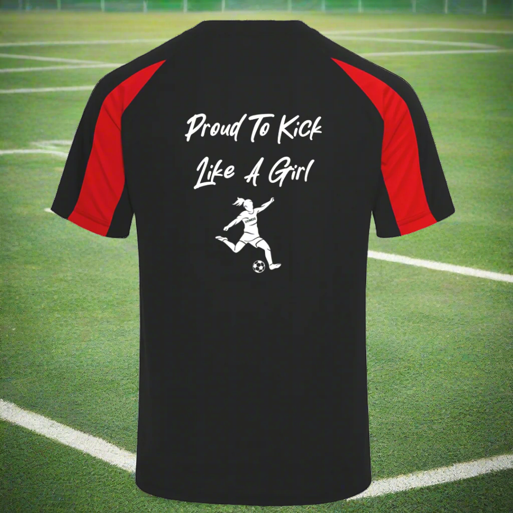 Black and red sports shirt with 'Proud To Kick Like A Girl' text and graphic on a white background