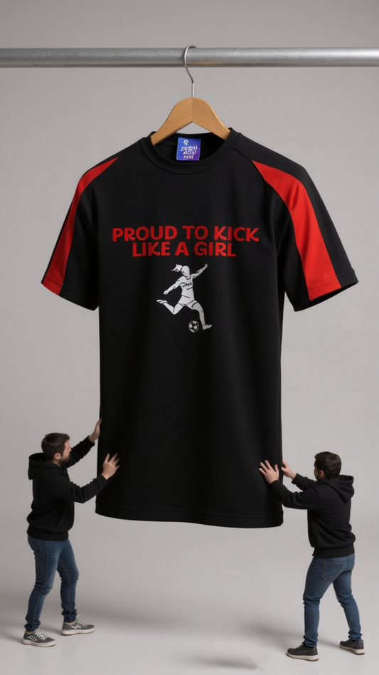 Black t-shirt with red text and graphic on a hanger, two people holding the t-shirt for scale.