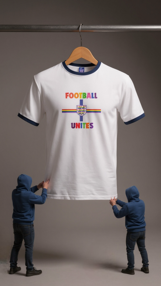 Pride White t-shirt with 'Football Unites' text on a hanger, held by two people against a grey background
