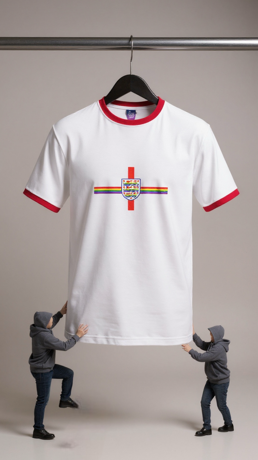 White Pride t-shirt with red trim and rainbow design on a hanger, with two people scaling the shirt for scale.