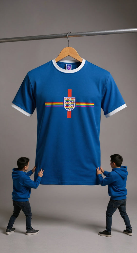 Pride blue shirt with a logo on a grey background