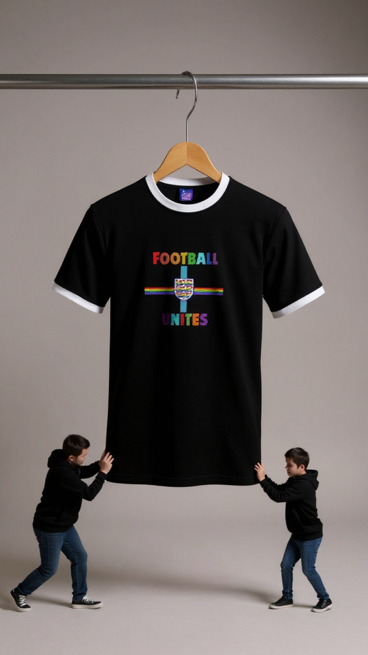 Pride Black t-shirt with colourful text on a hanger, held by two people against a plain background