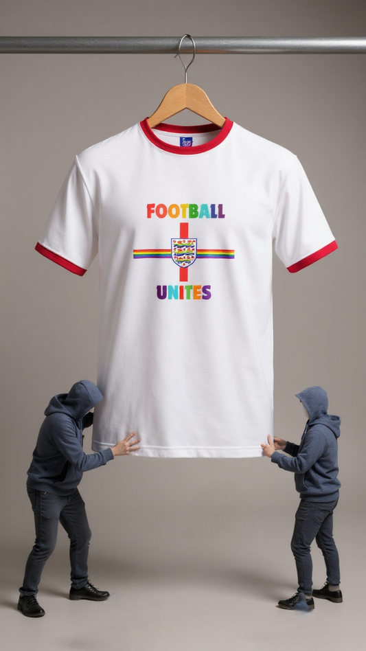White Pride t-shirt with colourful text on a hanger, held by two people against a plain background