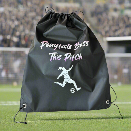 Black drawstring Kit bag with empowering text and graphic for girls
