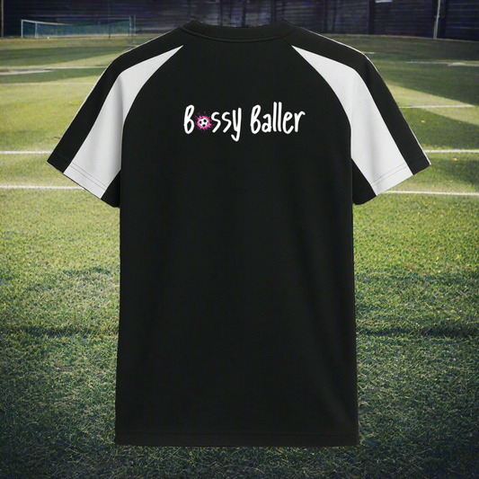 Black and white t-shirt with 'Bossy Baller' text on a white background
