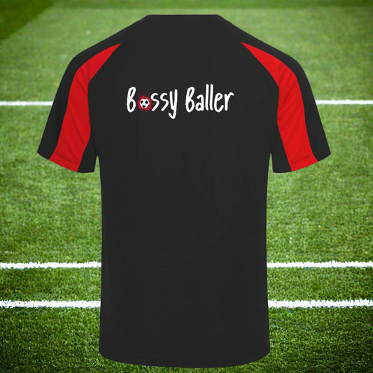 Black t-shirt with red sleeves featuring 'Bossy Baller' text on a white background