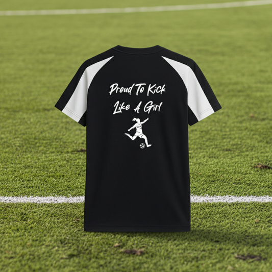 Black and white t-shirt with 'Proud To Kick Like A Girl' text and graphic on a white background