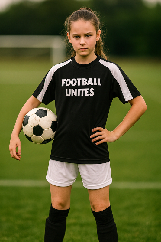 Girl holding a soccer ball with 'Football Unites' shirt on a sports field