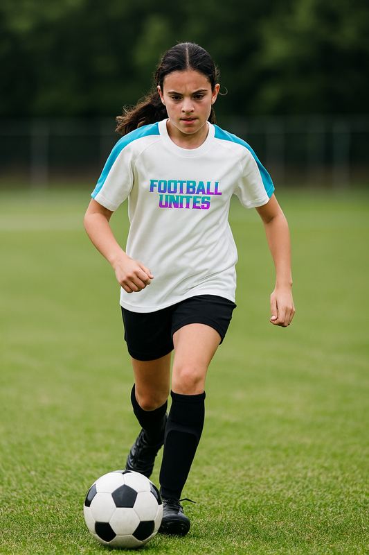 Young girl playing soccer on a grass field with 'Football Unites' shirt