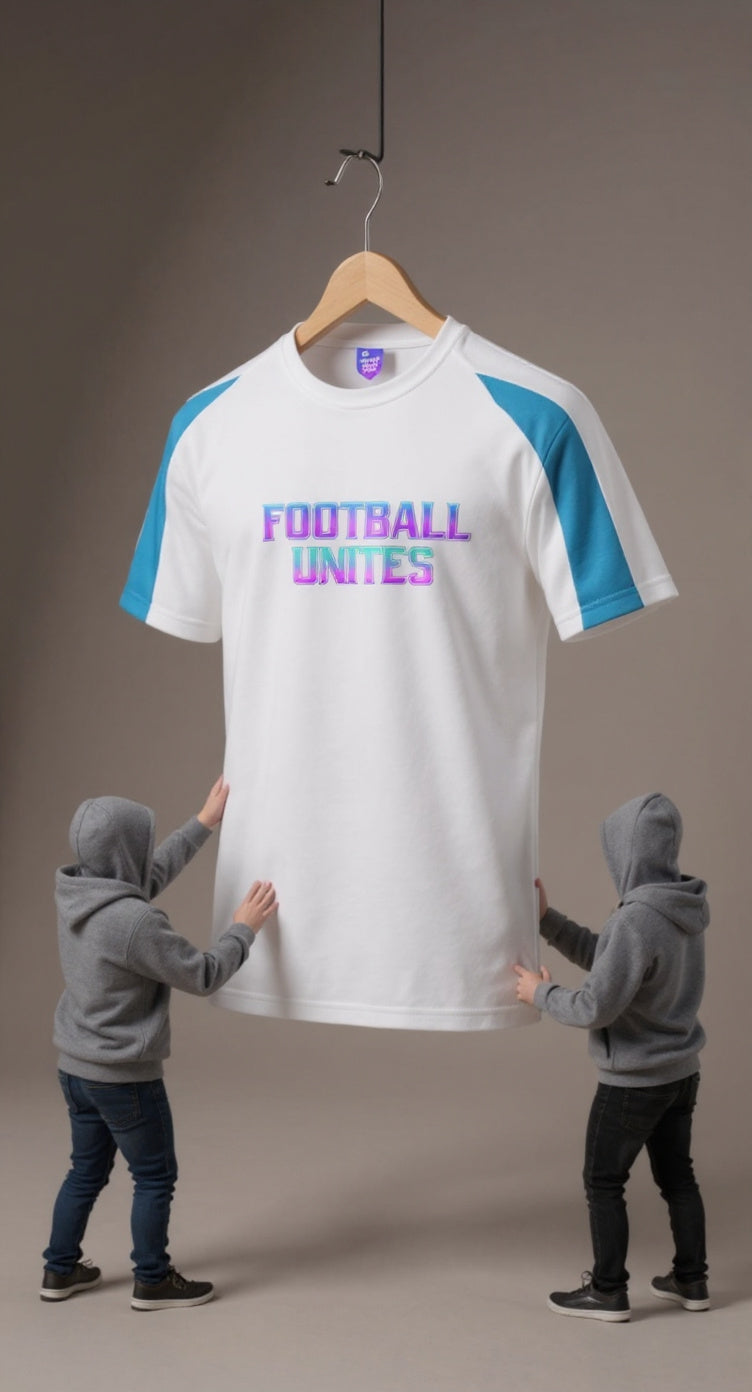 Children holding a t-shirt with 'Football Unites' text on a hanger against a plain background