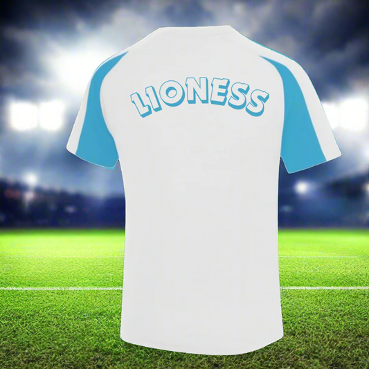 White t-shirt with blue sleeves and 'LIONESS' text on the back against a white background