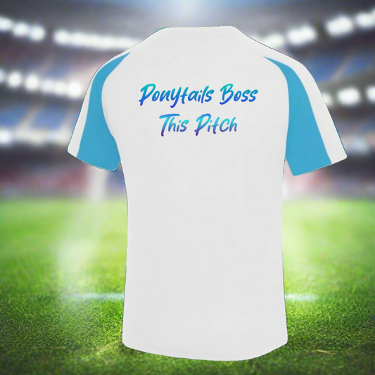 White t-shirt with blue sleeves and text on the back against a white background