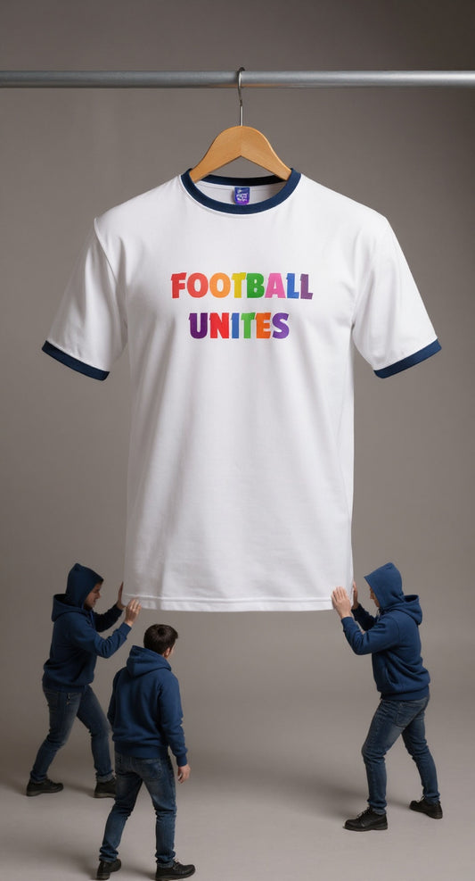 White t-shirt with 'Football Unites' text on a hanger, held by three people against a plain background