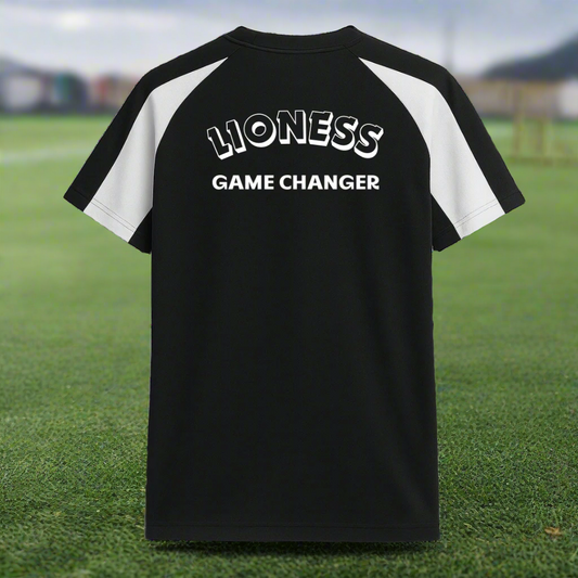 Black and white t-shirt with 'LIONESS GAME CHANGER' text on a white background