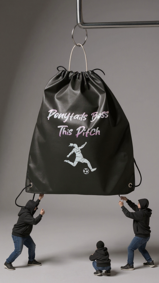 Black drawstring bag with 'Ponytails Bss This Pitch' text and graphic, Girls' sports bag with Proud Pitch Wear branding