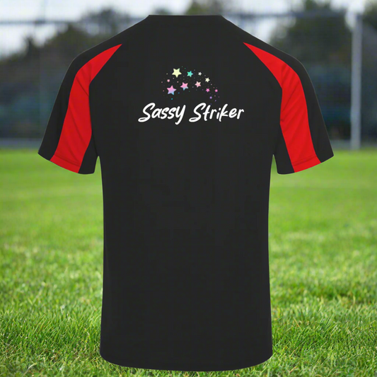 Black t-shirt with red sleeves black and white football kit with empowering slogan for young girls
