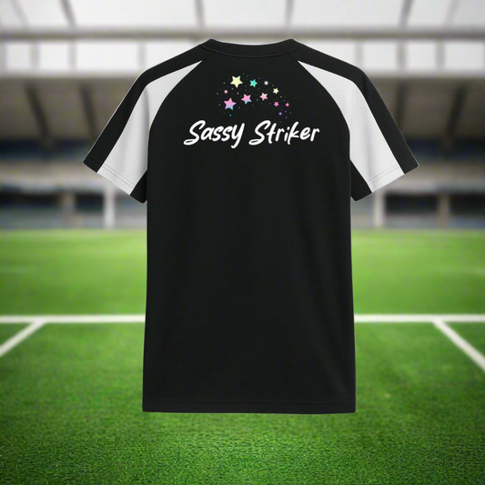 black and white football kit for young girls with empowering slogan