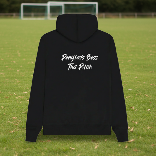 Black hoodie with white text on the back against a white background