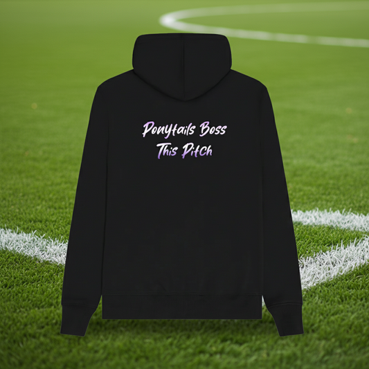 Black hoodie with text 'Ponytails Boss This Pitch' on the back against a white background