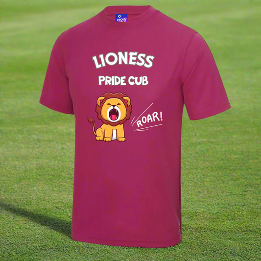 Pink t-shirt with lion graphic and text on a white background