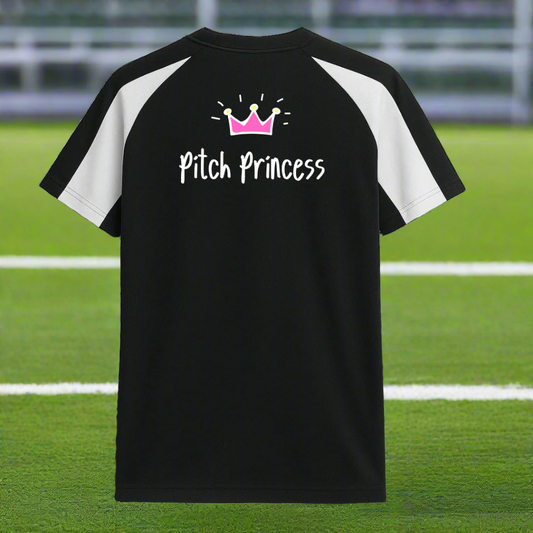 Black and white training top for junior female footballers empowering slogans