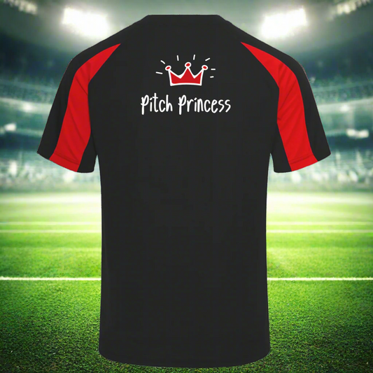 Red training top for junior female footballers empowering slogan