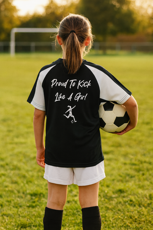 Girl holding a soccer ball on a field wearing a shirt with 'Proud To Kick Like A Girl' text.