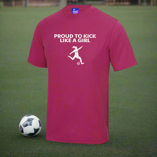 Pink t-shirt with 'Proud to Kick Like a Girl' text and graphic on a white background